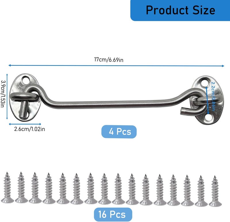 CUKAYO 4 Pack 6" Hook and Eye Gate Latch, Stainless Steel Rust-Resistant Barn Door Lock Cabin Hooks for Gate Shutters Window Slide Barn Shed Cabinet Bathroom, with 16pcs Screw,Silver - Image 2